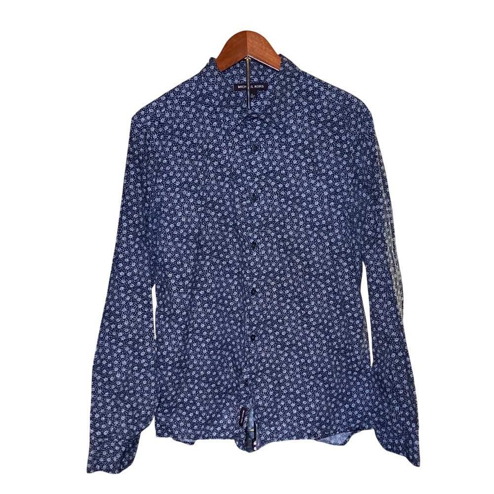 Michael Kors Button Down Men Large Blue Floral Ditsy Long Sleeve Shirt
